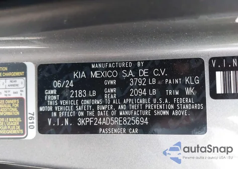 2024 Kia Forte Lxs from USA, damaged, VIN 3KPF24AD5RE825694